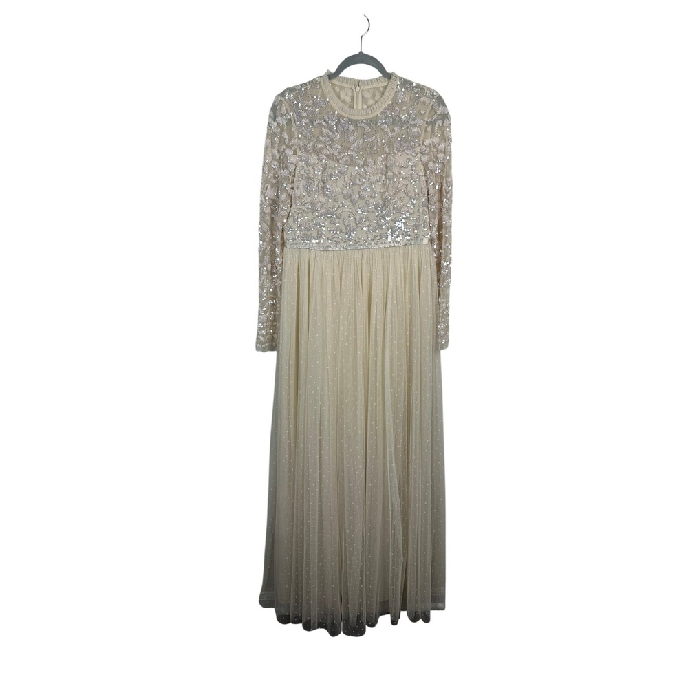 Needle & Thread Tempest Maxi Dress 10 Beige Sequin Tulle Swiss Dot Long Sleeve